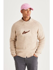 AC&Co / Altınyıldız Classics Men's Ecru Oversize Wide Cut Crew Neck Rose Red Soft Textured Knitwear Sweater Knitwear Sweater