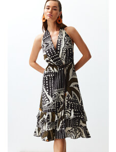 Trendyol Tropical Pattern Belt Maxi Woven Ruffled 100% Cotton Beach Dress