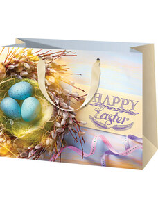 CARDEX Húsvéti ajándéktáska 23x18x10cm, közepes, fekvő, tojások kosárban