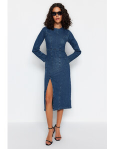 Trendyol Blue Stitching Detail Midi Denim Dress