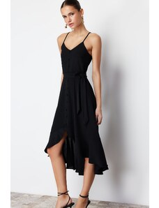 Trendyol Black Belted A-Line/Bell Form Flounce Detailed Woven Maxi Dress