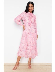 Trendyol Pink Lined Floral Patterned Belted Woven Dress