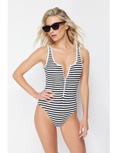 Trendyol Black and White Striped Zippered Textured Regular Swimsuit