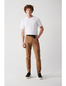 Avva Men's Camel Dobby Flexible 5 Pocket Slim Fit Slim Fit Canvas Trousers