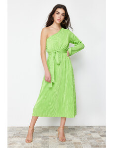 Trendyol Green Belted Pleat Fitted/Fitted Single Sleeve Asymmetric Collar Knitted Midi Dress