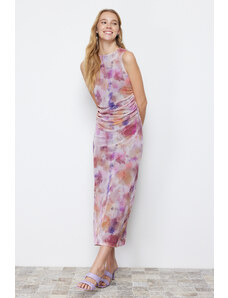 Trendyol Lilac Drape Detailed Fitted/Sticky Maxi Length Tulle Knitted Maxi Dress