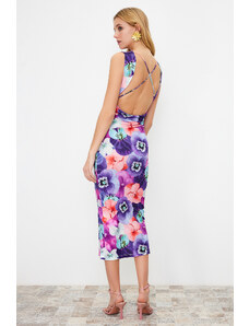 Trendyol Multicolored Floral Printed Back Detailed Gathered Zero Sleeve Flexible Knitted Maxi Dress