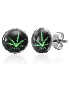 Ekszer Eshop - Beszúrós acél fülbevaló, zöld marihuána fekete alapon X11.19