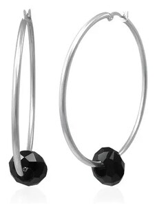 Ekszer Eshop - Acél fülbevaló - nagy karika ezüst színben fekete csiszolt gyönggyel X09.11