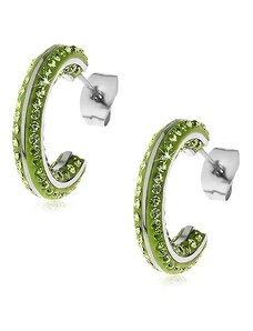 Ekszer Eshop - Kerek acél fülbevaló - kis zöld cirkóniák, fényes vonal ezüst színben AA01.03