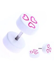 Ekszer Eshop - Fake piercing a fülbe akrilból - rózsaszín szívek fehér korongon PC33.12