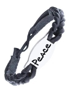 Ekszer Eshop - Fonott bőr karkötő - fekete, acél tábla "PEACE" felirat Z12.19