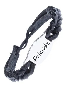 Ekszer Eshop - Fonott karkötő bőrből - fekete szín, "FRIENDS" felirat Z12.17