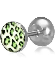 Ekszer Eshop - Hamis piercing a fülbe acélból, kör forma zöld leopárd mintával O1.13