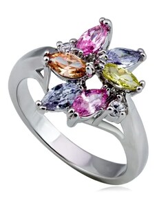 Ekszer Eshop - Fényes fém gyűrű - virág, színes könnycsepp- és kör alakú cirkóniák L9.04 - Nagyság: 49