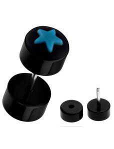 Ekszer Eshop - Fekete hamis piercing a fülbe akrilból - kék csillaggal PC30.28