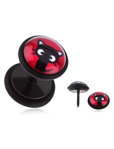 Ekszer Eshop - Acél fake plug a fülbe - ülő, fekete cica, piros háttér PC28.09
