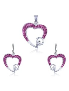 Ekszer Eshop - Ezüst szett - medál és fülbevaló, rózsaszín cirkóniás szívkörvonal R14.9