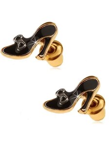 Ekszer Eshop - Arany színű fülbevaló, fekete fénymázas női cipő masnival Q20.13