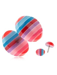 Ekszer Eshop - Hamis plug fülbe, akrylból - kék, piros és rózsaszín sávok PC26.26