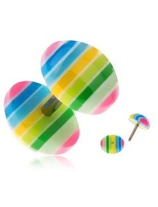Ekszer Eshop - Akryl fake plug fülbe - sárga, zöld, kék és rózsaszín sávok I16.03