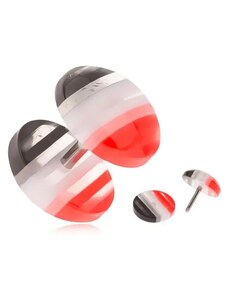 Ekszer Eshop - Fake plug akrylból, kidomborodó kerekek, piros, fehér és fekete sávok S55.25