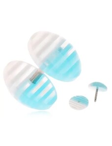 Ekszer Eshop - Fake plug fülbe akrylból, átlátszó kerekek, fehér és kék sávok I16.02