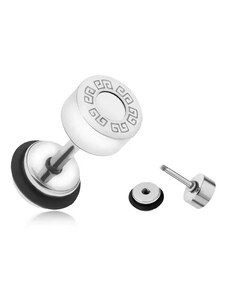 Ekszer Eshop - Hamis plug fülbe, acélból, görög kulcs, fehér kör, 6 mm PC01.03