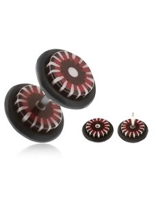 Ekszer Eshop - Fake plug fülbe, kerék akrylból, piros-fekete virág, fehér sugarak AA26.03