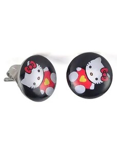 Ekszer Eshop - Bedugós fülbevaló acélból, fénymáz, Hello Kitty masni fekete háttéren SP47.20