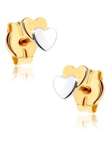 Ekszer Eshop - Beszúrós fülbevaló 9K aranyból - két kis szív, kétszínű S2GG36.07