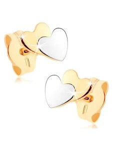Ekszer Eshop - Kétszínű fülbevaló 9K aranyból - kicsi lapos szívecske, tükörfény GG73.12