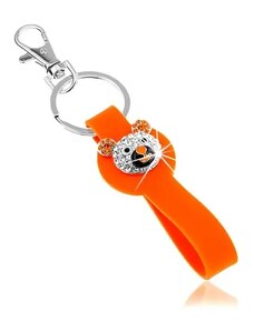 Ekszer Eshop - Kulcstartó ezüst színben, narancs színű szilikon medál, csillogó macifej SP65.17