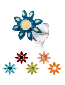 Ekszer Eshop - 925 ezüst fülbevaló, virág színes fénymázzal, domború közép, stekkerek I22.1/3 - Szín: Sötétkék
