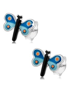 Ekszer Eshop - Bedugós fülbevaló, 925 ezüst, fénymázas pillangó kék szárnyakkal, pontok I22.30