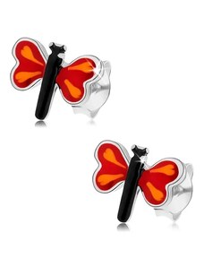 Ekszer Eshop - Bedugós fülbevaló 925 ezüstből, színes kicsi pillangó, piros szárnyak I23.10