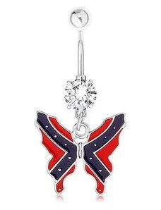 Ekszer Eshop - Acél piercing köldökbe - pillangó, konföderációs zászló PC12.07