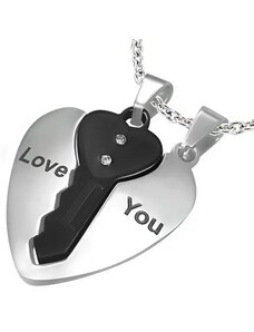 Ekszer Eshop - Páros acél medál, ezüstszínű szív és fekete kulcs U22.17