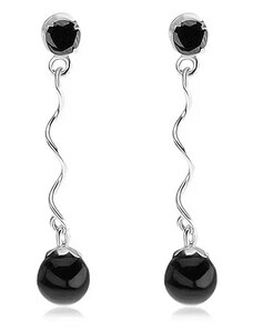 Ekszer Eshop - 925 ezüst fülbevaló, kerek, fekete cirkónia, fényes spirállal és fekete gyönggyel I24.23