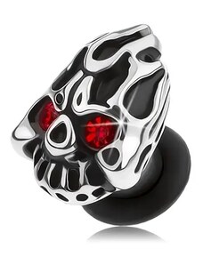 Ekszer Eshop - Ezüst színű acél plug a fülbe, koponya lángoló fejjel, vörös cirkóniák S34.30 - Vastagság: 3 mm