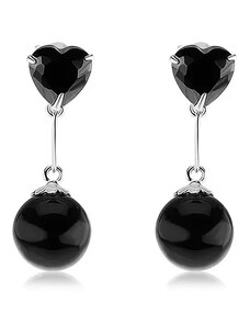 Ekszer Eshop - 925 ezüst fülbevaló, cirkóniás szív gömbölyű fekete színű gyönggyel I25.10