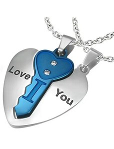 Ekszer Eshop - Acél kettős medál, szív ezüst színben kék kulccsal, felirat, cirkóniák Z8.10