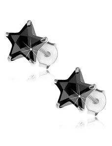 Ekszer Eshop - Fülbevaló 925 ezüstből, beszúrós, csiszolt csillagok fekete cirkóniákkal, 8 mm I30.22