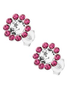 Ekszer Eshop - 925 ezüst fülbevaló, csillogó virág átltászó és rózsaszín Preciosa kristállyal I33.19