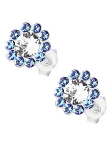 Ekszer Eshop - 925 ezüst fülbevaló, csillogó virág, átlátszó és kék Preciosa kristályok I34.18