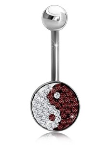 Ekszer Eshop - Piercing sebészeti acélból, ezüst szín, csillogó Jin és Jang szimbólum, átlátszó és sötét piros cirkóniák SP33.24