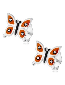 Ekszer Eshop - 925 ezüst fülbevaló, fényes pillangó - narancssárga szárnyak, fekete és fehér pöttyök I36.02