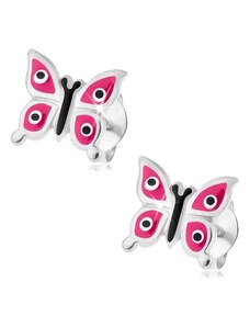 Ekszer Eshop - 925 ezüst fülbevaló, fényes pillangó - rózsaszín szárnyak és fehér-fekete pöttyök I36.01