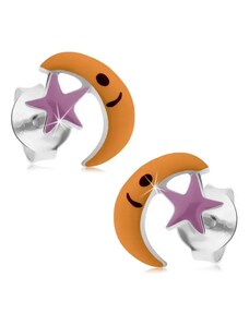 Ekszer Eshop - 925 ezüst fülbevaló, hold csillaggal, lila és narancs fénymáz I34.28