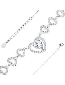 Ekszer Eshop - 925 ezüst karkötő, apró láncszemek, csillogó szív átlátszó cirkóniákkal R36.7